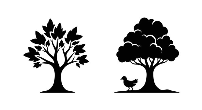 Two silhouette trees, one with a duck standing beneath it, on a white background.