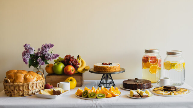 A delicious gourmet Easter cake with eggs and fresh flowers is served on a white plate for a healthy party breakfast or festive buffet meal in a bright kitchen