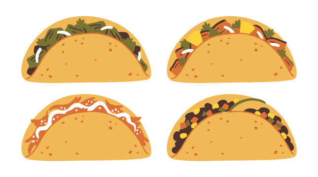 Folded Street Taco Vector Set for Authentic Mexican Dinners, Fast Food and Culinary Culture Concept
