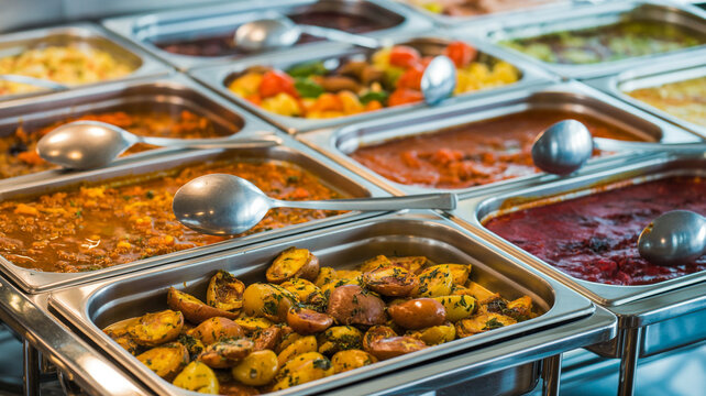 Fresh delicious meat snacks and healthy green vegetables are displayed at a tasty Chinese food street market buffet featuring colorful red fruit and sweet candy