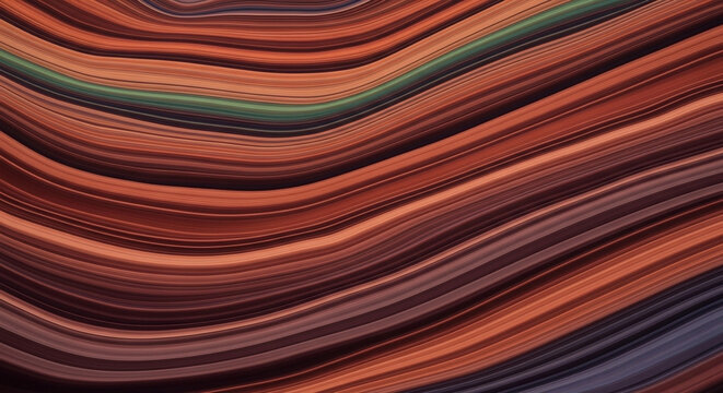 Abstract, flowing, wavy lines of rich earthy tones of rust, brown, and hints of green create a hypnotic, organic texture resembling agate or layered geological strata.