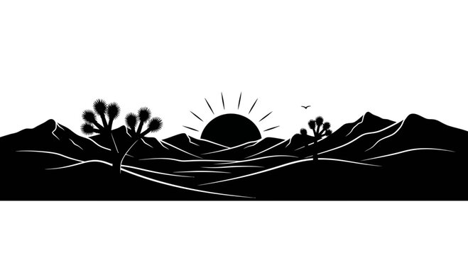 Joshua tree desert landscape with mountain silhouette and rising sun