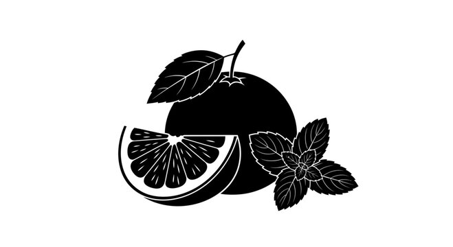Fresh citrus fruit with slice and mint leaves black silhouette