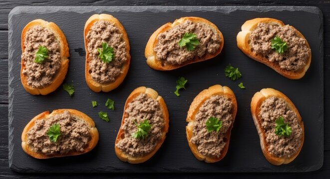 Italian crostini with chicken liver pate arranged on a dark slate serving board, emphasizing rustic gourmet appetizers and traditional Tuscan flavors