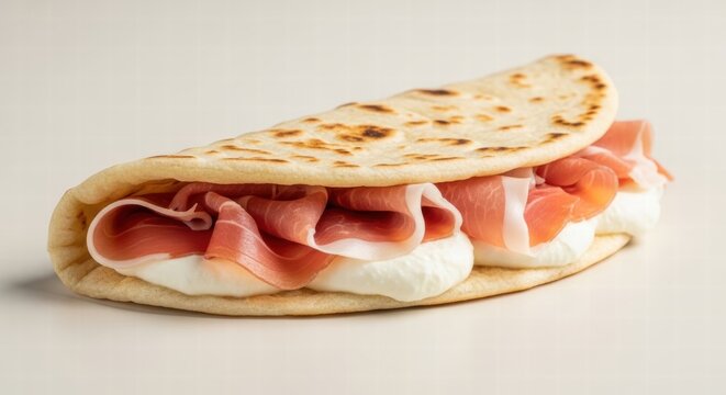 Italian piadina romagnola flatbread filled with prosciutto crudo and creamy mozzarella, classic savory street food sandwich perfect for a fresh Mediterranean meal