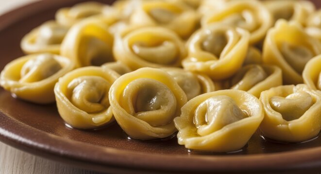 Cappelletti pasta showcasing Italian culinary art and traditional flavors, a delicious savory dish prepared with care and modern food styling presentation on a brown plate