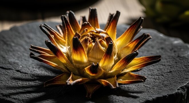 Fried artichoke, a classic Italian delicacy, presenting a gourmet culinary experience with its golden petals and crispy edges on a rustic dark surface