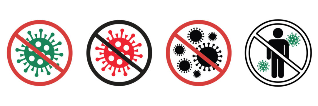 No Virus Infection Icons Set, Stop Germs, Bacteria, and Coronavirus Prevention Symbols in Red Warning Circles Vector Illustration.
