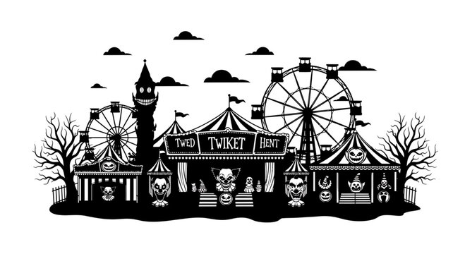 Creepy Evil Carnival Silhouette with Ferris Wheel and Clown Tents