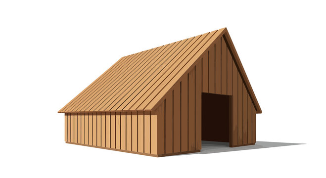 Rustic Wooden Barn with Gabled Roof Isolated on White