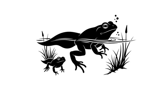Froglet with tail swimming in water with pond plants silhouette