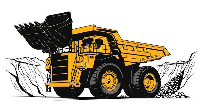 Yellow industrial mining dump truck in a quarry environment