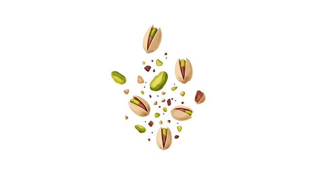 Salted pistachios and green kernels falling on white background