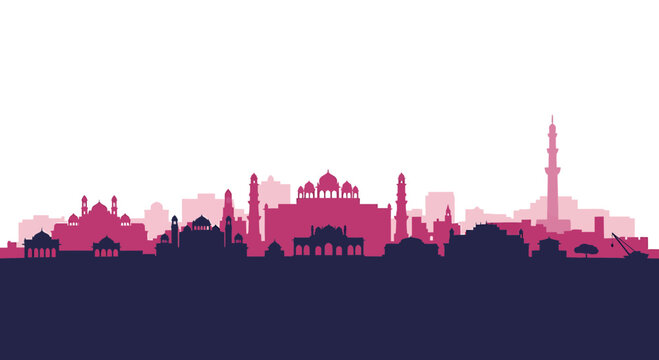 Middle Eastern City Skyline Silhouette with Mosques and Minarets