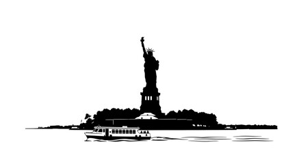 Obraz premium Famous liberty monument silhouette with tourist ferry boat on water