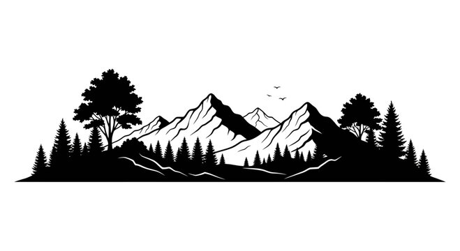 Scenic mountain ridge landscape with pine trees and soaring birds