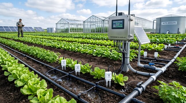 Modern smart farming system featuring automated irrigation, soil moisture sensors, solar panels, greenhouse structures, and AI based crop monitoring technology in sustainable agriculture field.