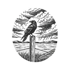 Obraz premium Black bird sitting on wooden post.
