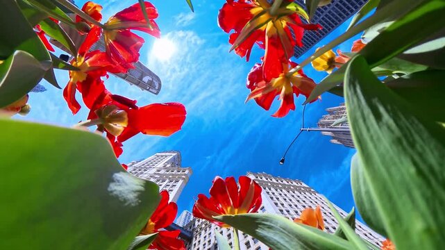 Low angle wide view of colorful tulips blooming in an urban environment with skyscrapers and blue sky. Vibrant spring flowers in a modern city, creating a dynamic contrast between nature and