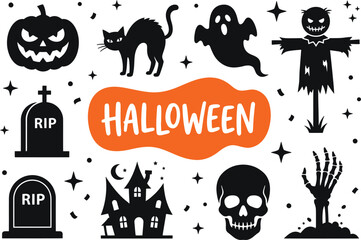 Obraz premium Halloween icons and symbols on white background with orange text