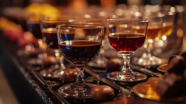 A close-up shot of elegant wine glasses filled with dark liquid arranged on a tray beside assorted chocolates creating an indulgent tasting experience for connoisseurs in a dimly lit setting.