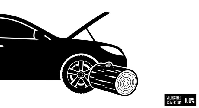 Broken Down Car Silhouette with Open Hood and Log Chock