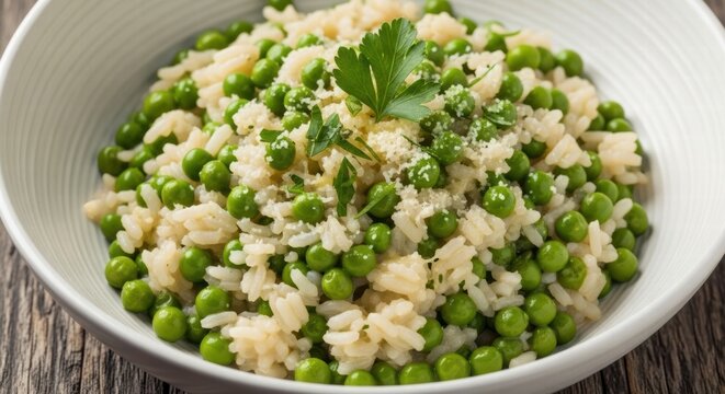 Traditional Venetian risi e bisi, creamy rice cooked with sweet green peas, finished with grated parmesan and a parsley sprig for a comforting, rustic spring dish