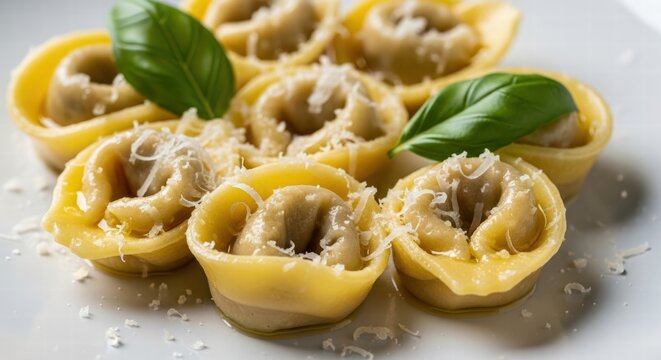 Cappelletti pasta with fresh basil leaves and parmesan cheese. Authentic Italian culinary tradition and regional Romagna cuisine