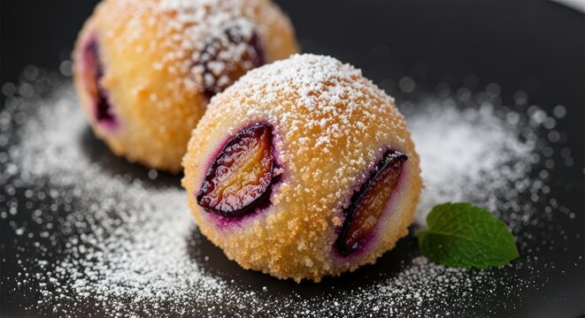Delicious plum dumplings coated in powdered sugar with a fresh mint leaf, presenting a sweet fruit dessert, capturing gourmet food styling and culinary artistry