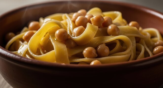 Lagane e ceci, a traditional Italian pasta dish with chickpeas, served hot in a rustic terracotta bowl, embodying authentic Mediterranean flavors and hearty comfort food