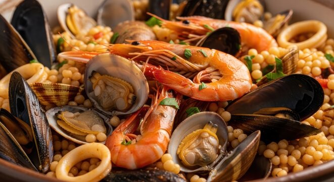 Italian fregola pasta with fresh mussels, clams, squid, and shrimp, traditionally prepared seafood dish demonstrating Mediterranean cuisine for a gourmet meal