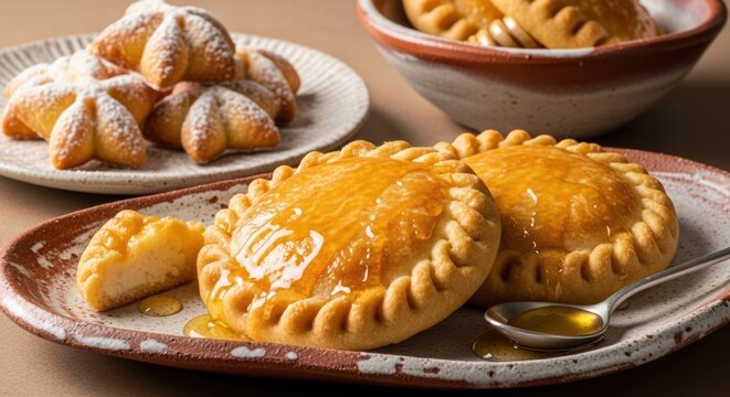 Sardinian seadas, traditional Italian dessert, serving ricotta cheese pastry with golden honey drizzle, presenting regional sweet culinary heritage