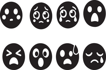 Fototapeta premium Collection of Sad and Emotional Emoji Icons Vector Set Featuring Crying Shocked and Worried Faces in Black and White Minimalist Style for User Feedback Mental Health and Digital Design Apps