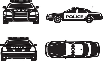 Black and White Police Car Vector Illustration Set Featuring Front View, Side Profile, Rear View, and Top View Perspectives of a Patrol Vehicle for Law Enforcement and Safety Designs © Sadek