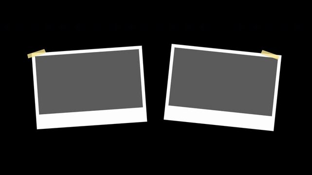 Two blank polaroid style photo frames with adhesive tape patches on a black background for custom picture display and slideshows