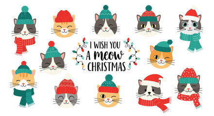 Fototapeta premium Funny meow Christmas greeting card featuring a collection of cute cats wearing colorful winter hats and scarves.