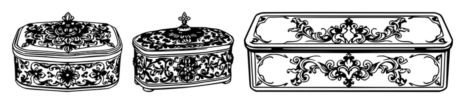Ornate silver snuff box set with intricate designs featuring Victorian era, luxury accessory, historical artifact with decorative patterns and antique style