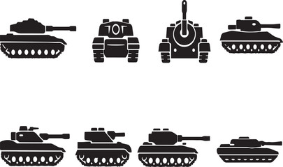 Collection of Military Tank Silhouettes and Armored Vehicle Vector Icons for Gaming, War History Projects, Army Tactical Graphics, and Combat Equipment Illustrations in Black and White. © Sadek