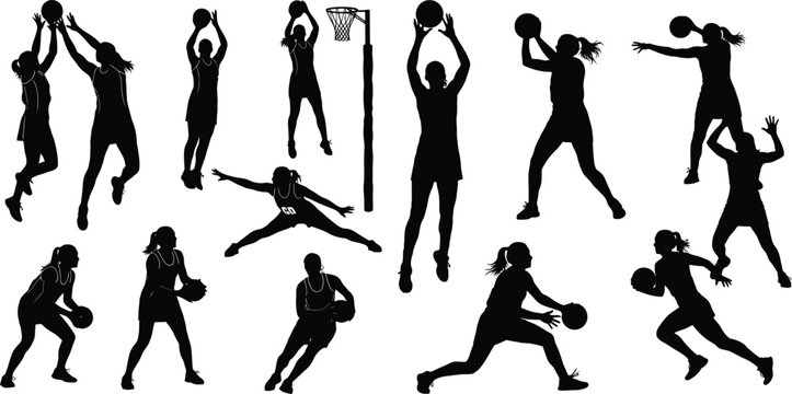 Black silhouette collection of women playing netball in various action poses