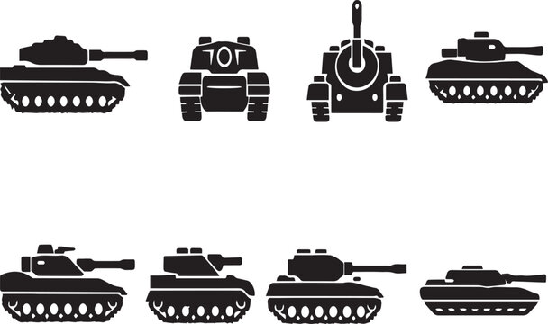 Collection of Military Tank Silhouettes and Armored Vehicle Vector Icons for Gaming, War History Projects, Army Tactical Graphics, and Combat Equipment Illustrations in Black and White.