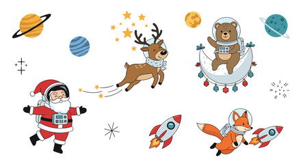 Naklejka premium Space Christmas themed collection featuring Santa and cute animals like a reindeer, bear, and fox in astronaut suits with rockets and planets.