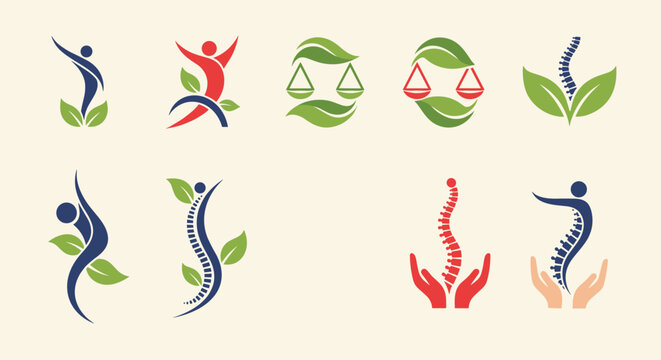 Healthcare and chiropractic logo collection featuring spinal column human figures and scales with green leaves for medical clinics.
