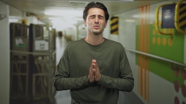 Man with hands pressed together in prayer gesture and closed eyes in a narrow service corridor inside a building; pleading forgiveness.