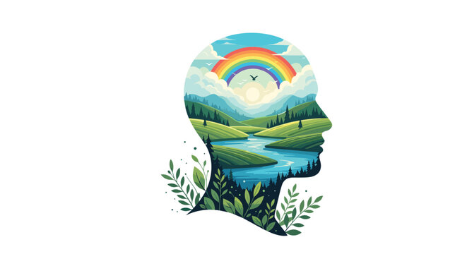 Human head profile silhouette filled with nature landscape mountains river and rainbow for mental health and ecology themes.