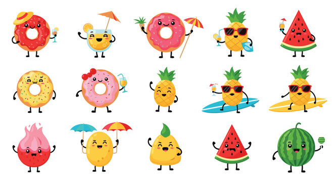 Cute summer food and fruit characters including donuts pineapples and watermelons with fun accessories for holiday party themes.