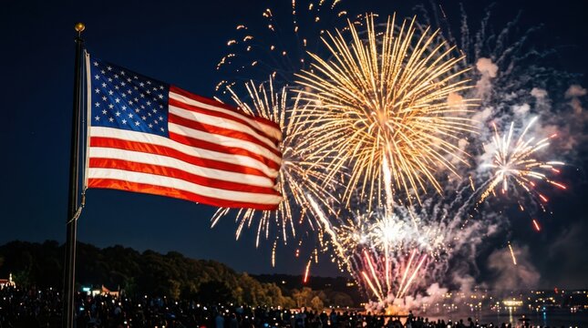 Celebrating flag day with fireworks american flag waving against a vibrant night sky display