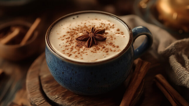 A steaming cup of rich chocolate chai latte with swirling spices and a star anise garnish sits in a rustic blue ceramic mug on a wooden surface surrounded by cinnamon sticks and warm lighting.
