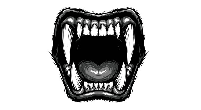 Fierce Monster Mouth with Sharp Fangs, Open Jaw, Scary Teeth, Grayscale Illustration