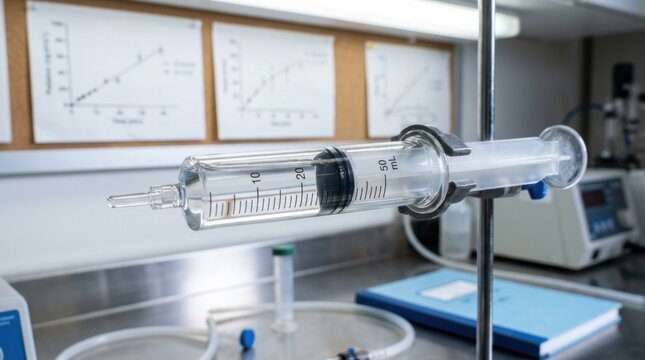 50 mL glass laboratory syringe with black plunger mounted on a stand in a chemistry lab, featuring scientific data charts, graphs, and measuring equipment in the background.
