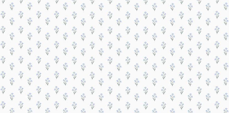 Seamless pattern with tiny blue flowers on white background. Minimalist floral print for fabric, wallpaper, and wrapping paper design.